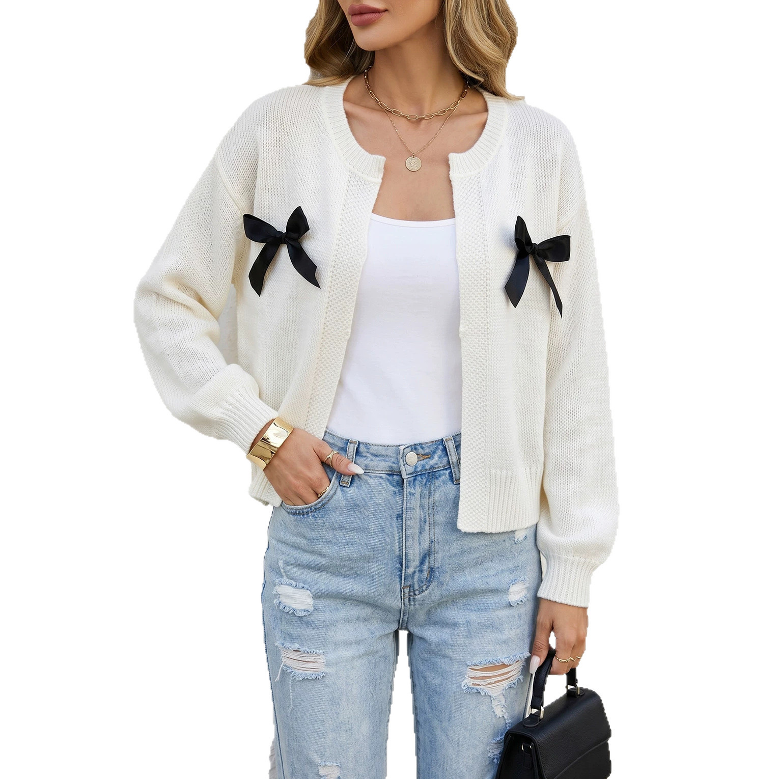 Ribbon Bow Knit Cardigan Women Crewneck Long Sleeve Sweater