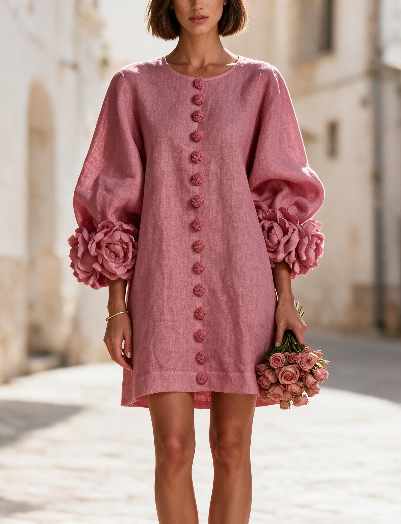 French 3D Floral Lantern Sleeve Dress
