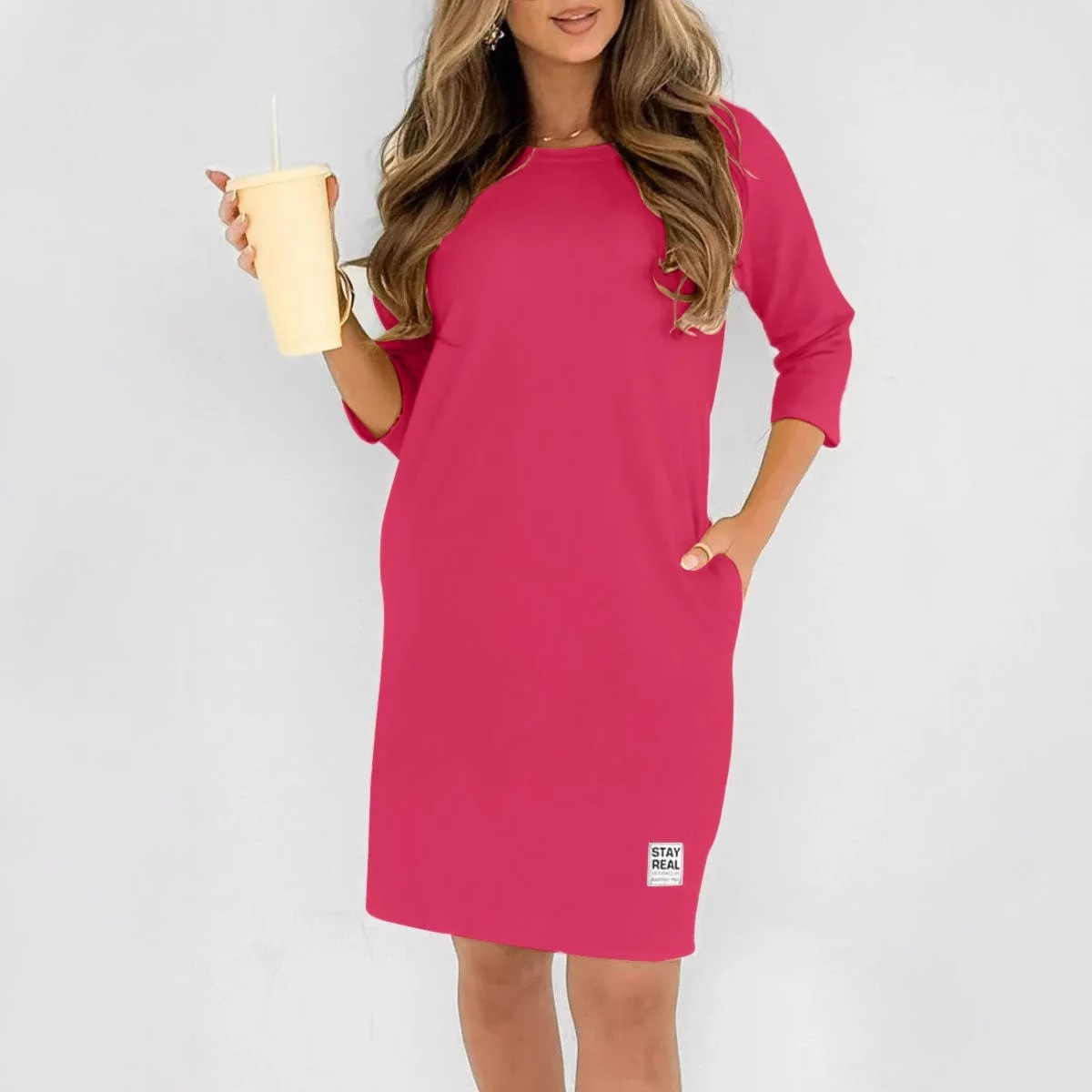 Women's Solid Crewneck Long Sleeve Loose Casual Midi Dress