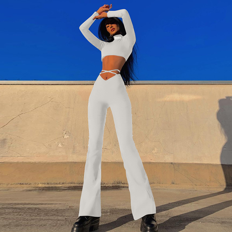Women's Sexy High-Waist Cross-Strap Flare Pants Solid Casual Long Trousers