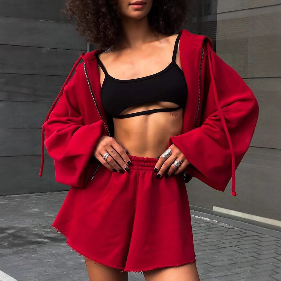 Women's Solid Color Long Sleeve Hooded Drawstring Sweatshirt and Shorts Set