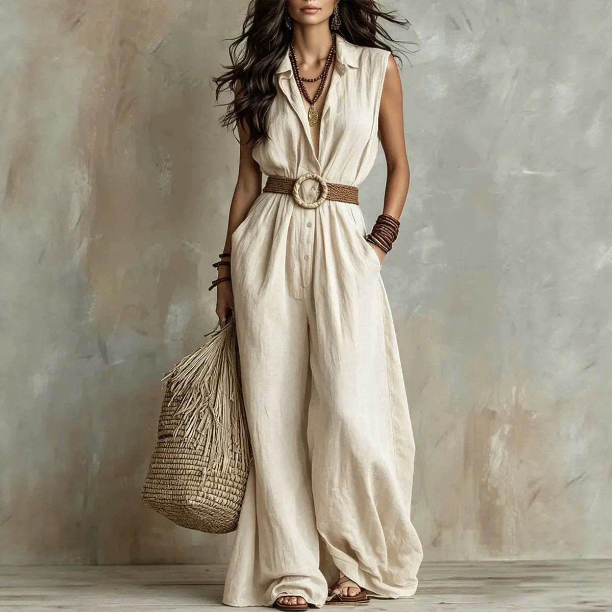 Women's Sleeveless Wide-Leg Jumpsuit with Collar and Waist Tie