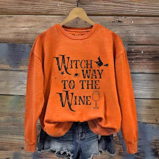 Women's Halloween Witch Wine Glass Print Crewneck Sweatshirt