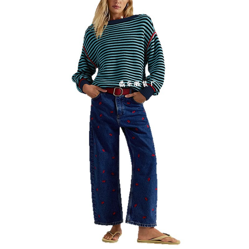 Striped Knit Crewneck Pullover Loose Sweater