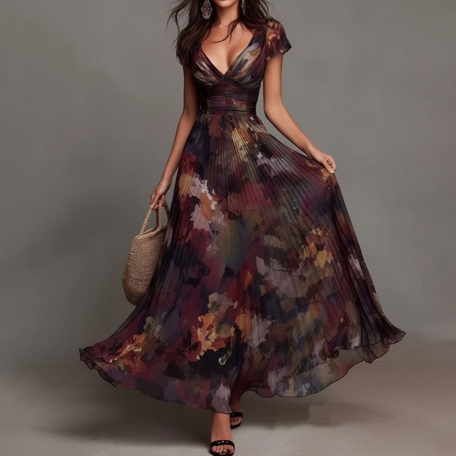 Elegant Floral Print V-Neck French Midi Dress