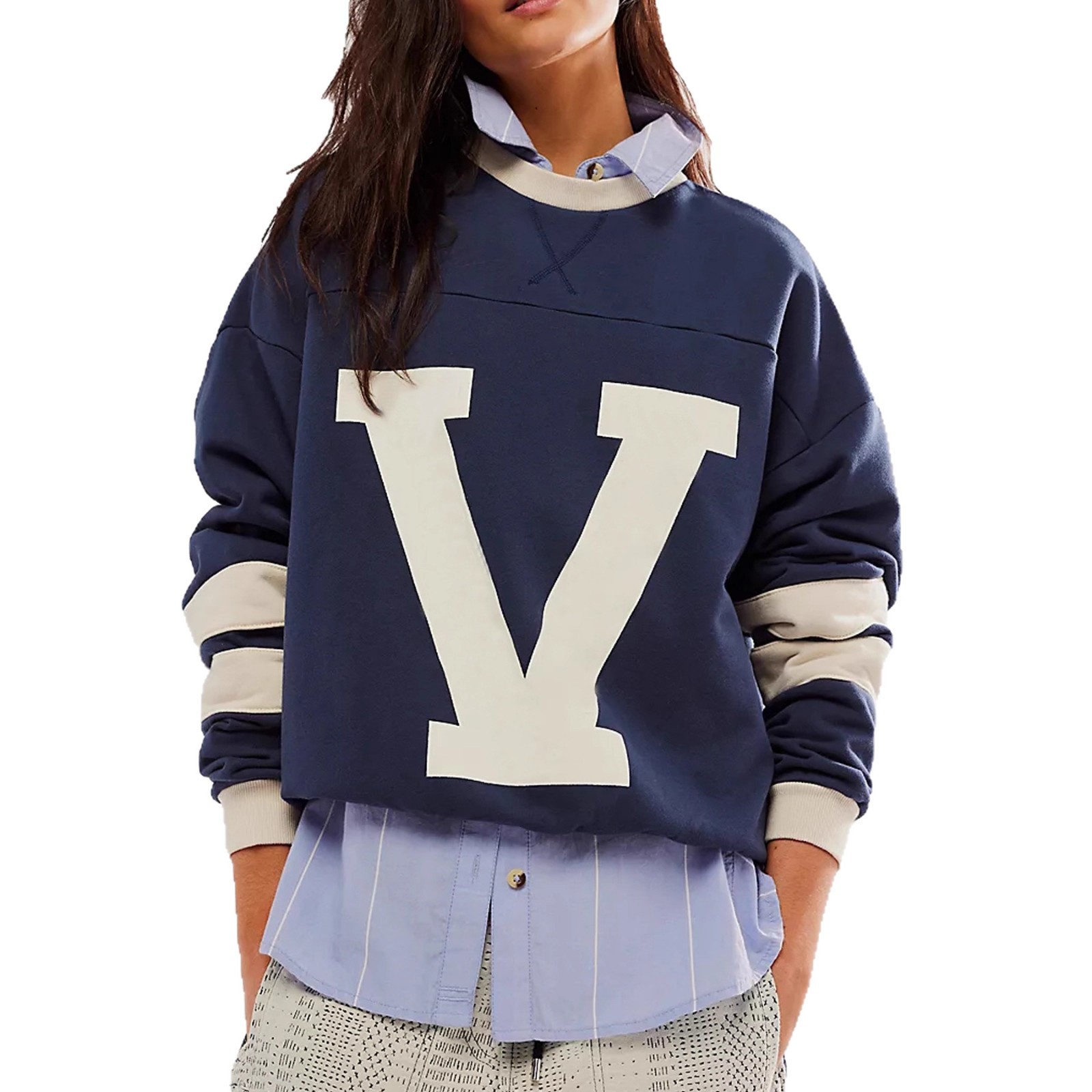 Women's American Street Colorblock Letter Print Loose Pullover Sweatshirt