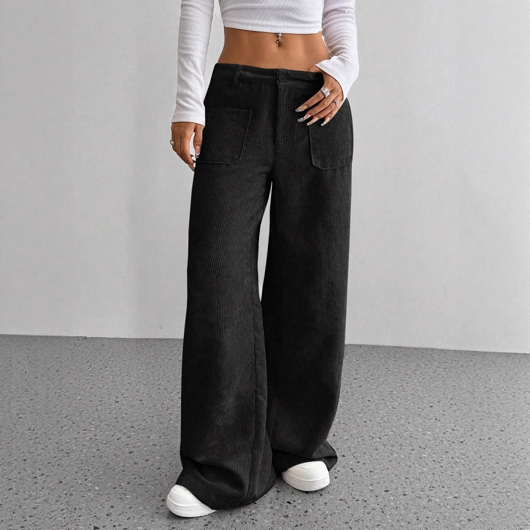 Corduroy Wide-Leg Pants for Women, Loose Fit, Front and Back Pockets, Solid Color