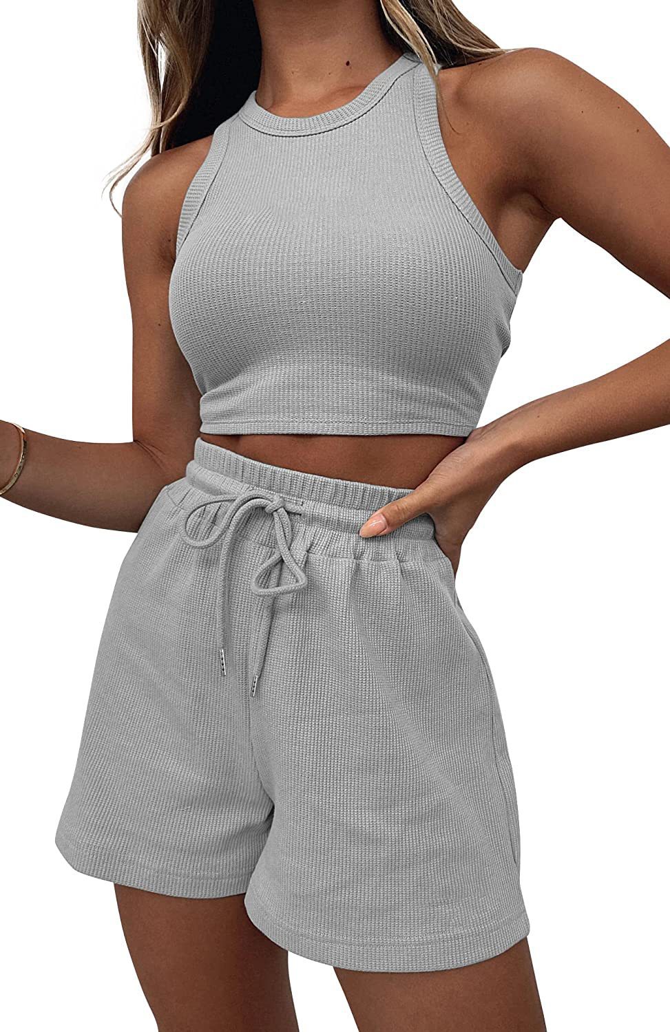 Women's Sleeveless Waffle Knit Two-Piece Set Solid Color Tank and Shorts
