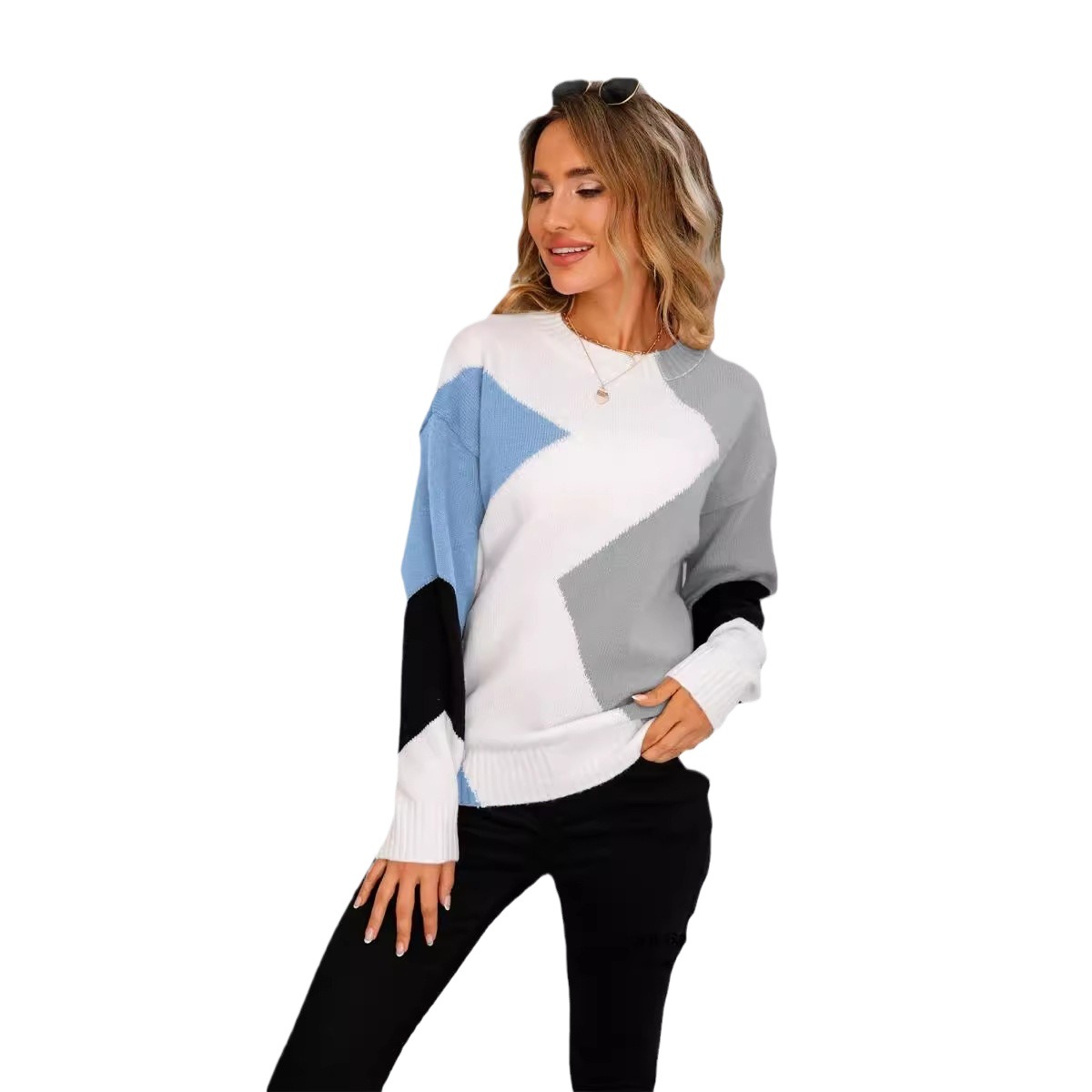 Diamond Pattern Crewneck Pullover Sweater Long Sleeve Knit Top