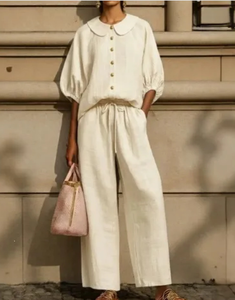 Women's Linen-Blend Collared Shirt and Wide-Leg Pants Set Casual Two-Piece