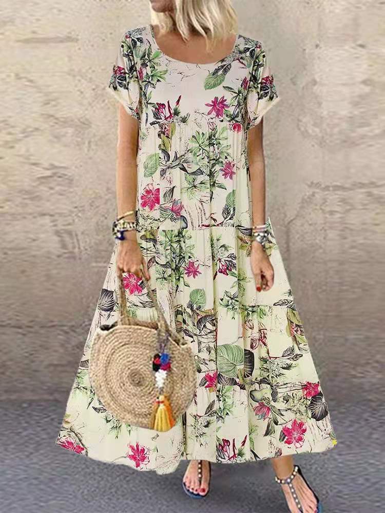 Women's Summer Short Sleeve Round Neck A-Line Midi Dress Cotton Linen Floral Print