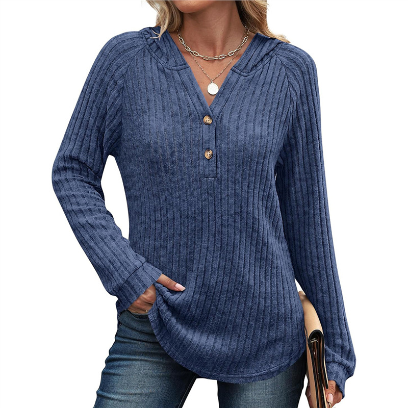 Women's Solid V-Neck Button Loose Hooded Fleece Knit Top