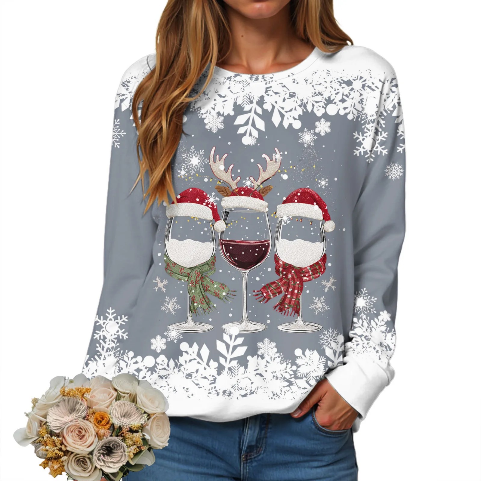 Women's Christmas Hat Wine Glass Snowflake Print Crewneck Sweatshirt
