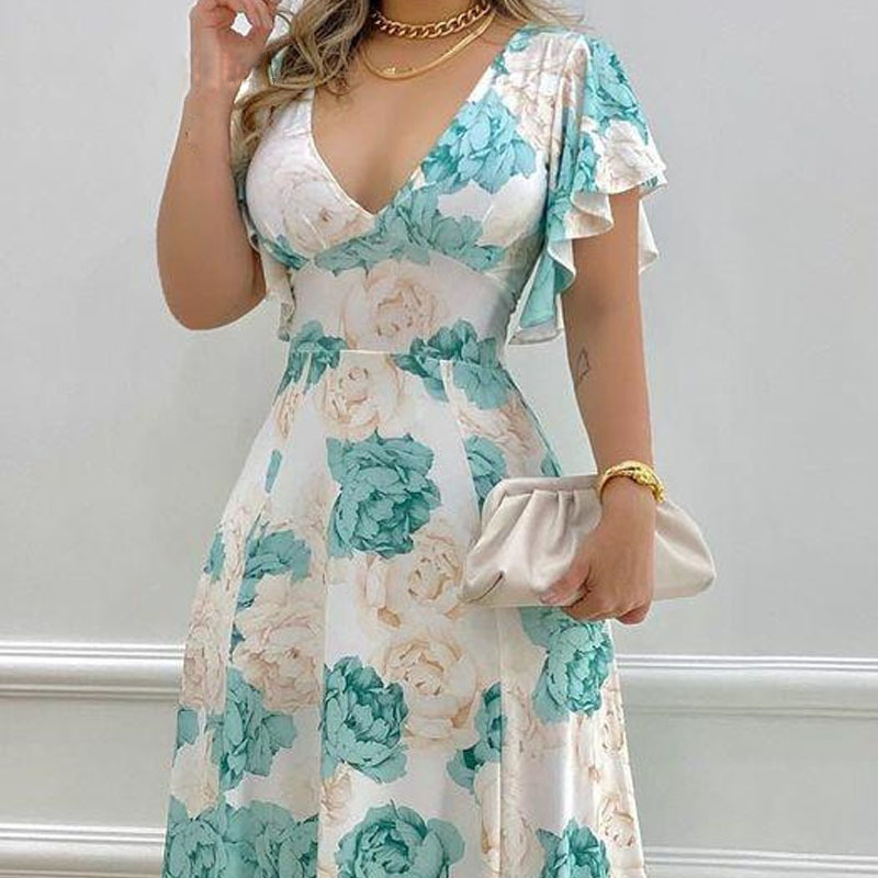 Women's Floral Print V-Neck High Waist A-Line Maxi Dress