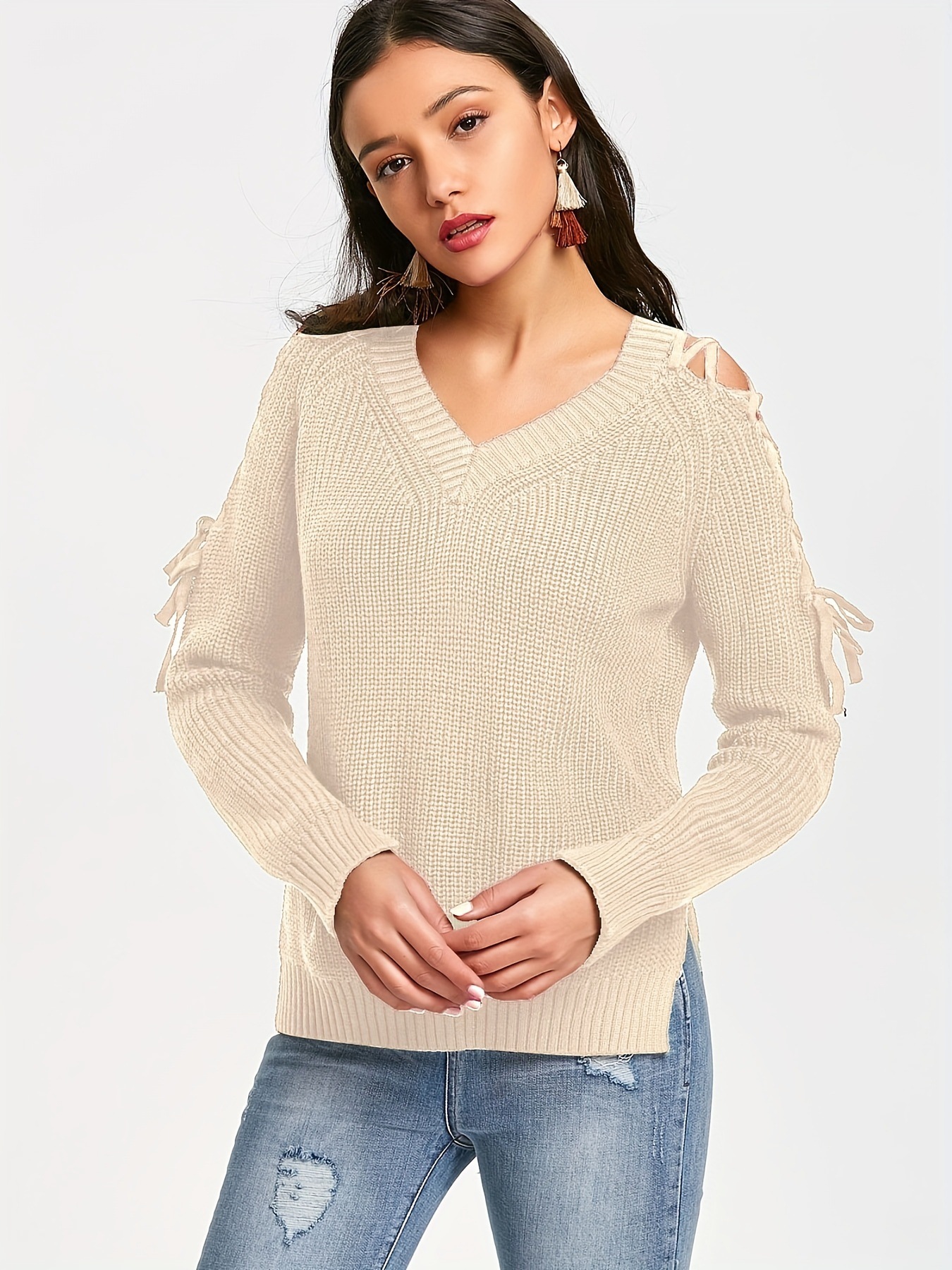 Women's Hollow-Out Knit Sweater V-Neck Lace-Up Long Sleeve Pullover