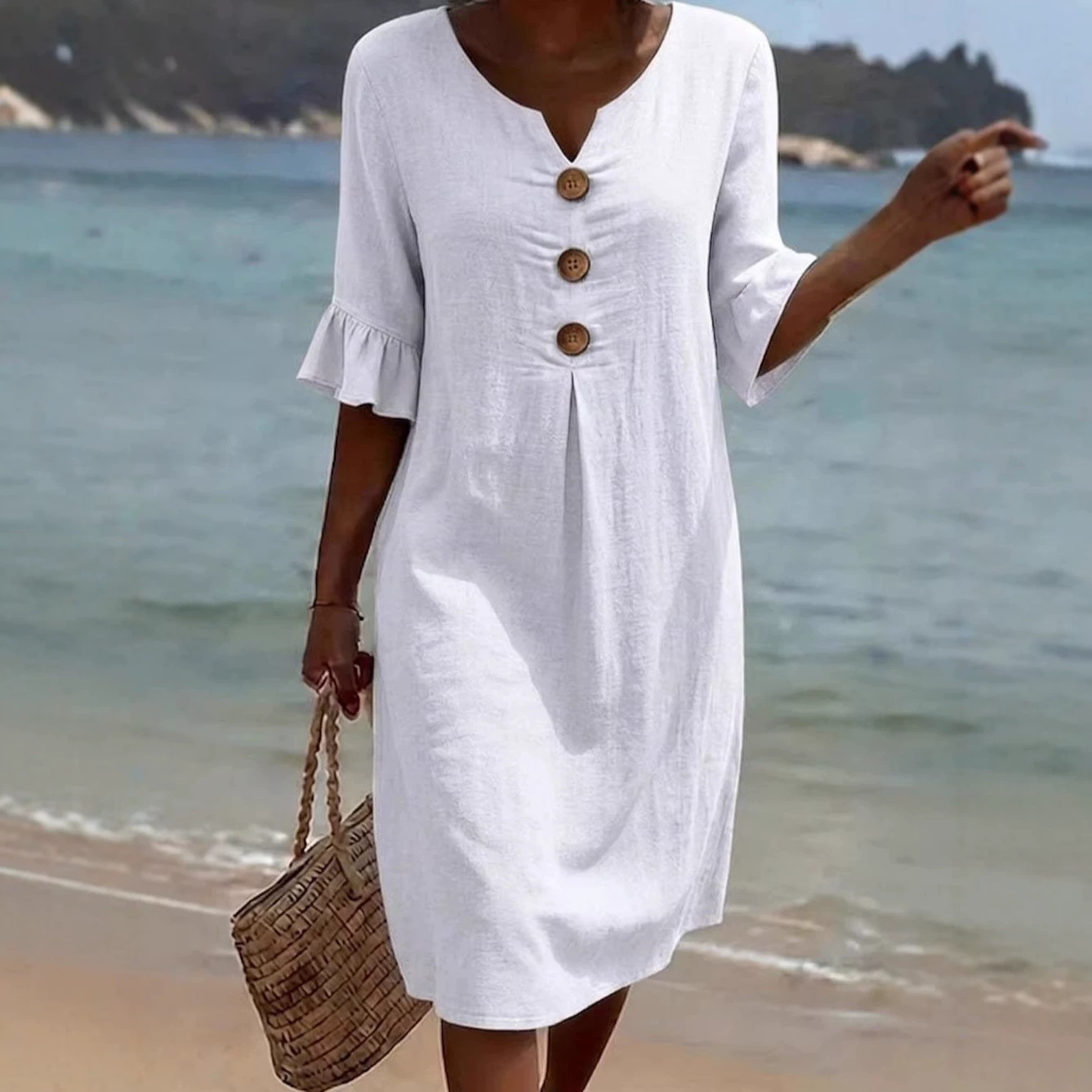 Cotton Linen V-Neck Big Button Ruffle Sleeve Dress