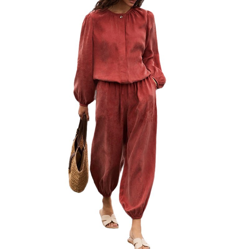 Women's Casual Wide-Leg Pants Long-Sleeve Crewneck Solid Color Slim Two-Piece Set