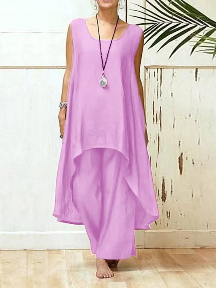 Women's Cotton-Linen Sleeveless Two-Piece Wide-Leg Pants Set