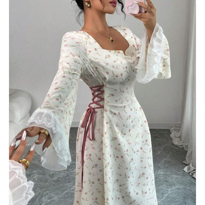 Floral Print Long Sleeve Tie-Waist Midi Dress