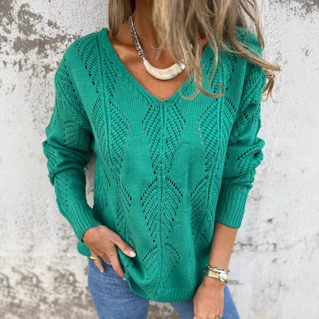Openwork Leaf V-Neck Long-Sleeve Knit Sweater Women's Loose Double-Sided Wearable