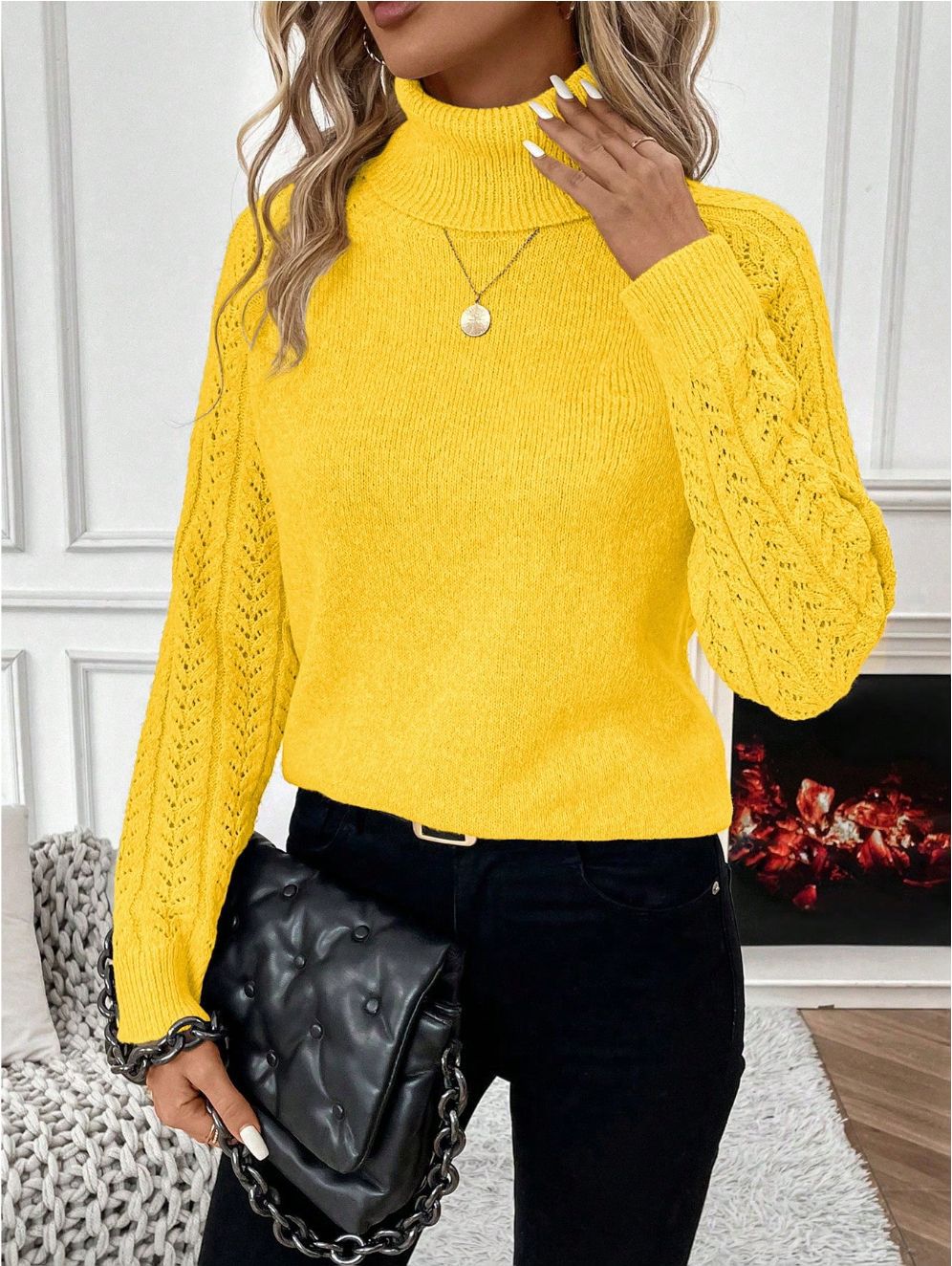Solid High Neck Long Sleeve Pullover Sweater