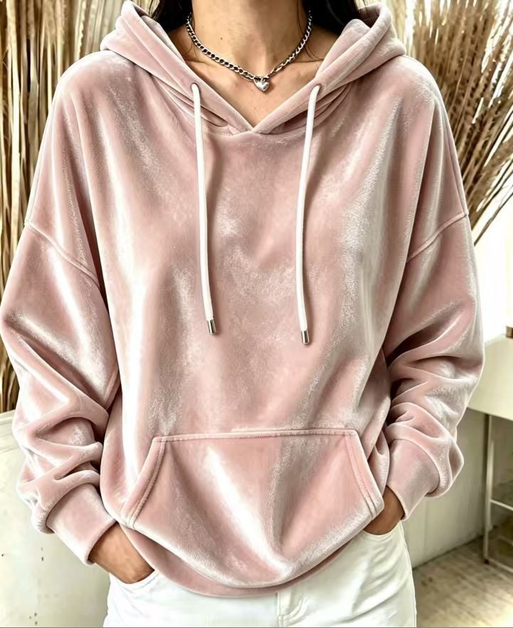 Velvet Hooded Drawstring Pocket Pullover Sweatshirt