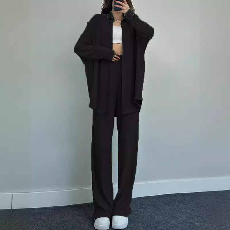 Women's Loose Stretch Crinkle Long Sleeve Shirt & Wide Leg Pants Casual 2-Piece Set