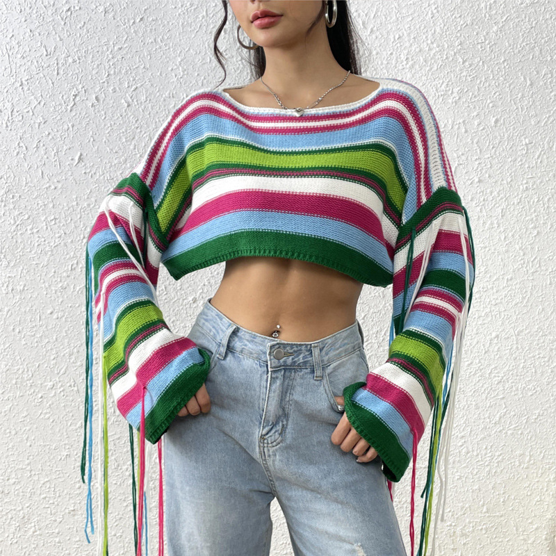 Rainbow Striped Fringe Knit Crop Sweater