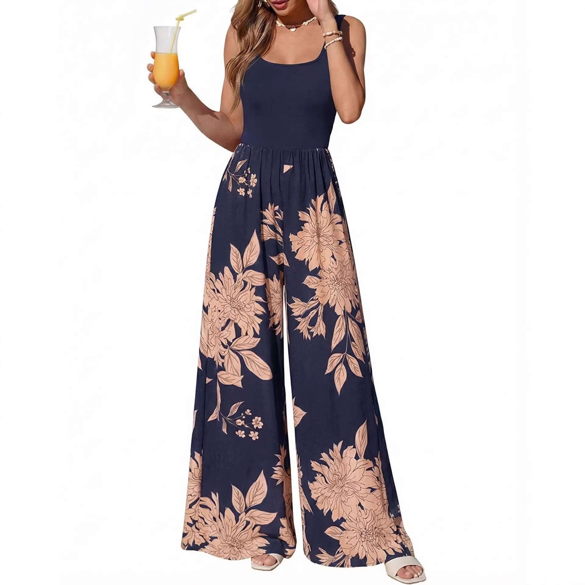 Women's Sleeveless Printed Wide-Leg Jumpsuit
