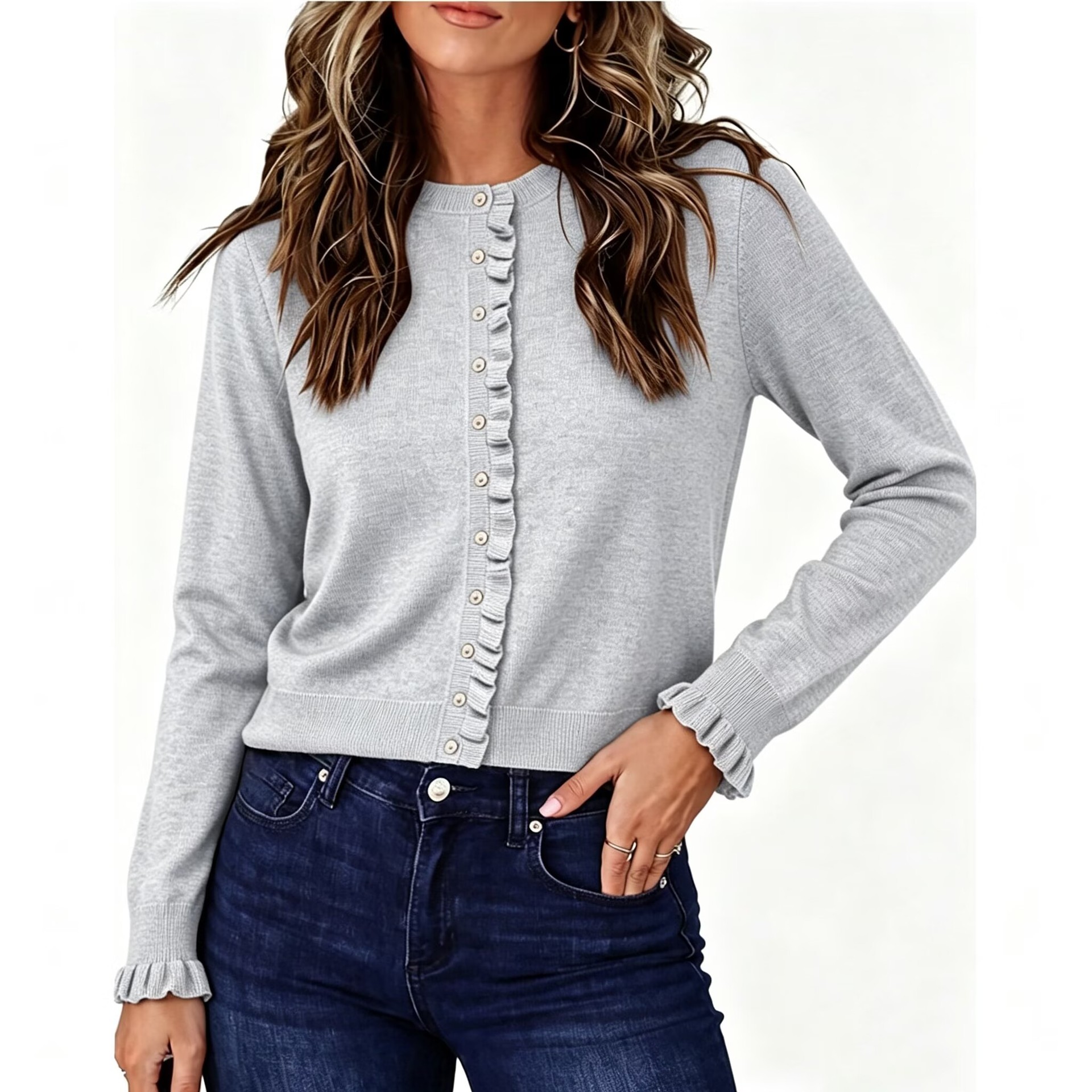 Women's Crewneck Long Sleeve Ruffle Knit Cardigan Sweater