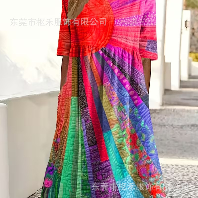 Women's Colorful Floral Print Ruched Midi Dress