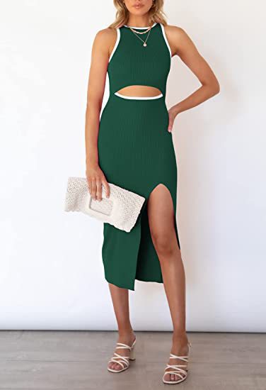 Women's Sleeveless Ribbed Midi Dress with Round Neck and Slit