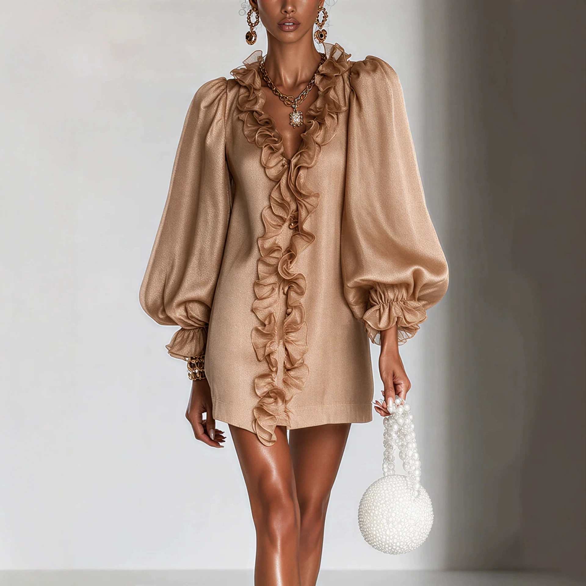 Champagne Sheer Ruffle Bubble-Sleeve Mini Dress with Deep V-Neck