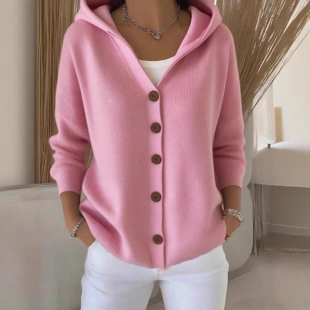 Women's Casual Loose Solid Color Long Sleeve Hooded Cardigan Knit Sweatshirt Jacket