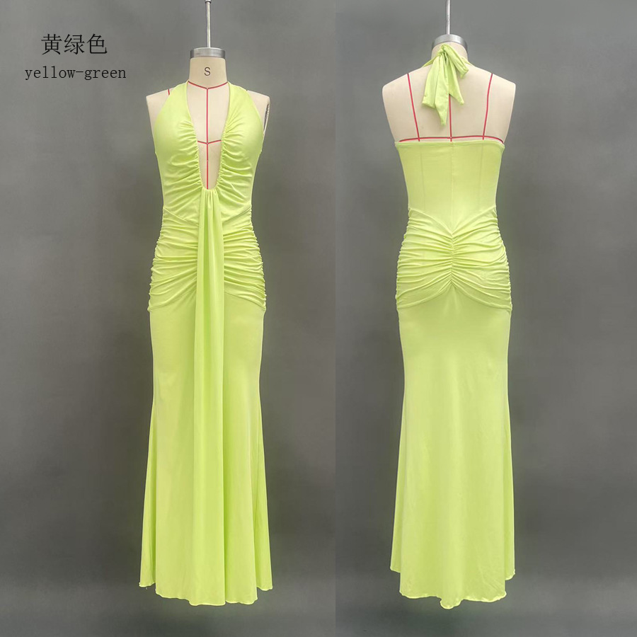 Elegant Solid Halter Deep V Mermaid Maxi Dress with Open Back and Sash