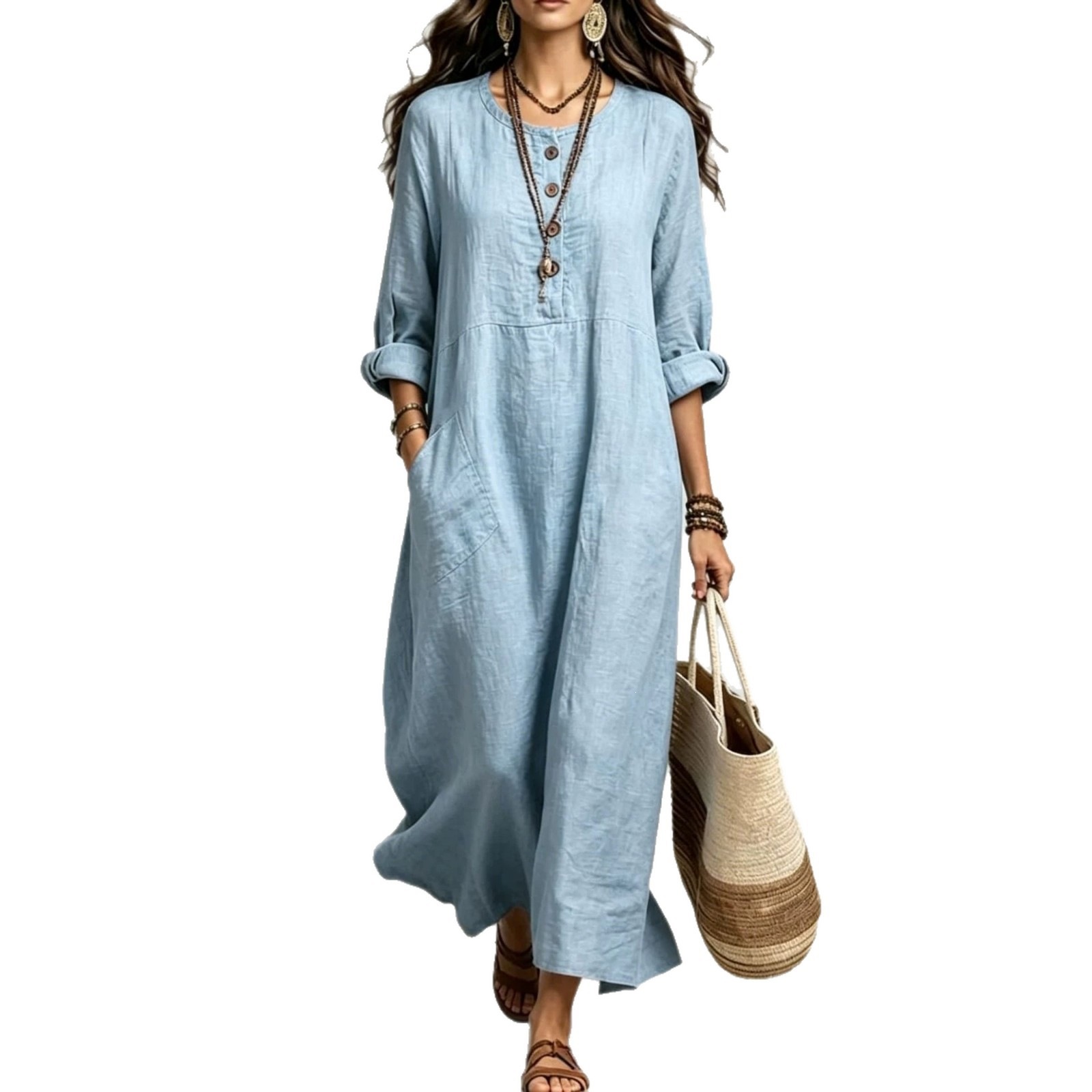 Women's Cotton-Linen Round Neck Long Sleeve Pocket Casual Dress
