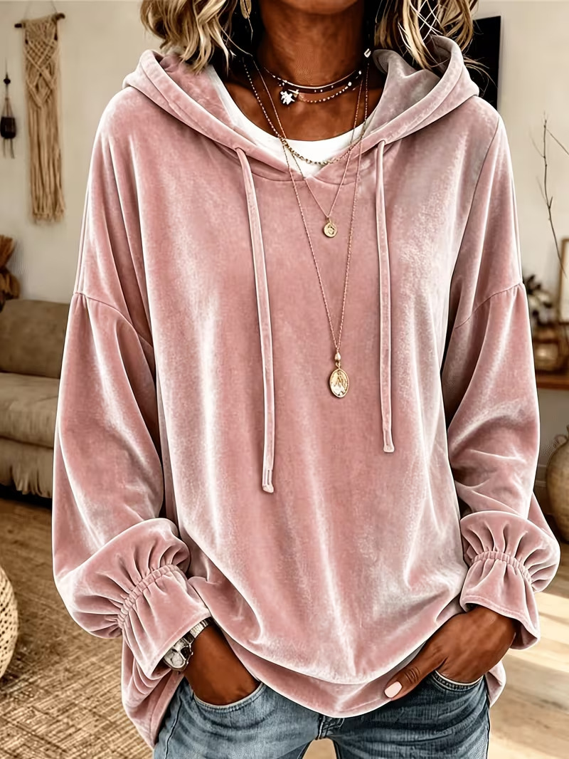 Women's Loose Hooded Velvet Sweatshirt with Drawstring