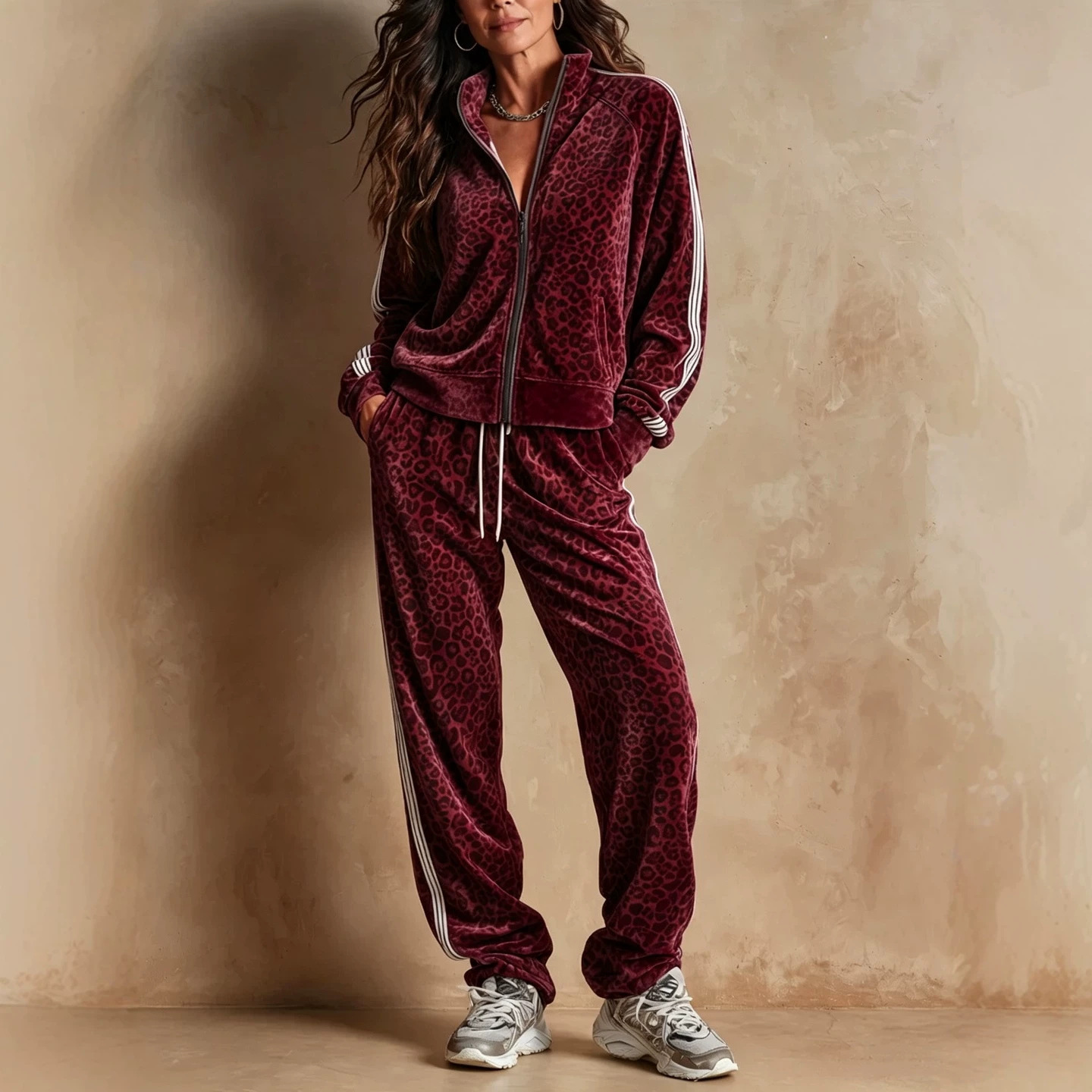 Leopard Print Colorblock Zip-Up Hoodie and Pants Two-Piece Set