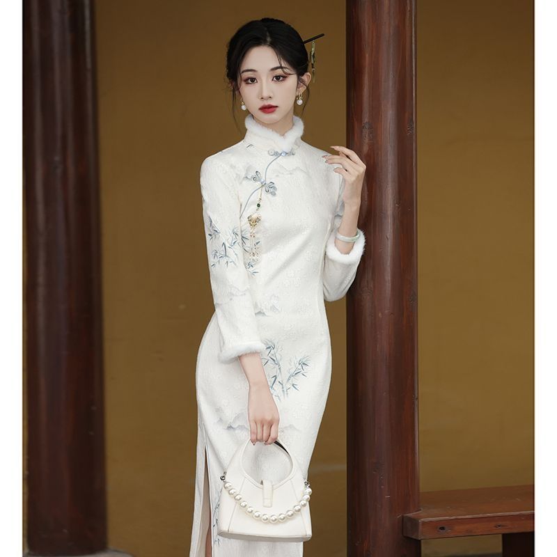 Off-White Cheongsam Dress Fleece-Lined Floral Bamboo Leaf Print New Chinese Style