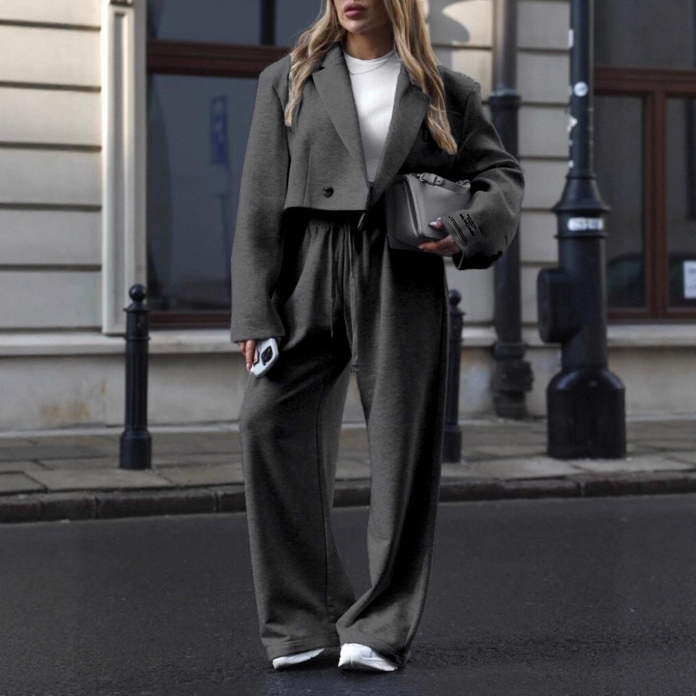 Women's Two-Piece Blazer and Pants Set with Lapel Collar