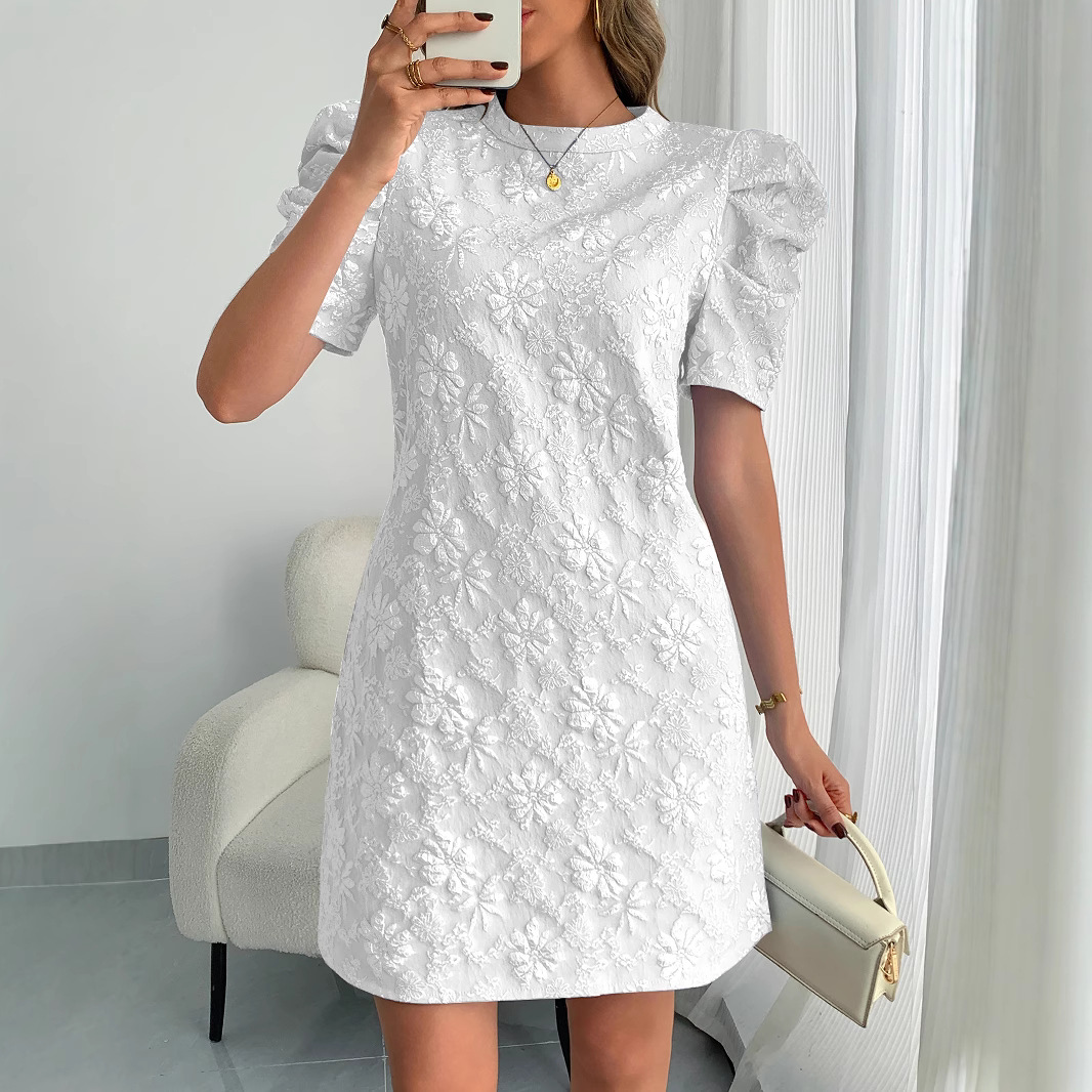 Women's Puff Sleeve Textured Jacquard Round Neck Vintage Dress
