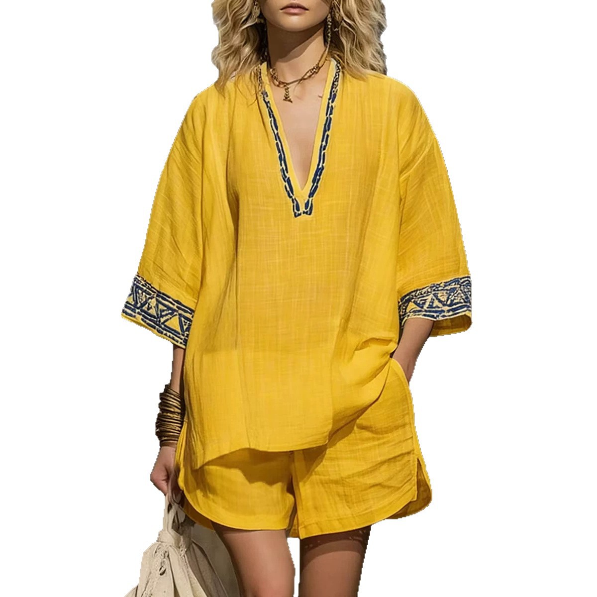 Bohemian Linen-Blend Printed V-Neck Short Sleeve Top and Shorts Set