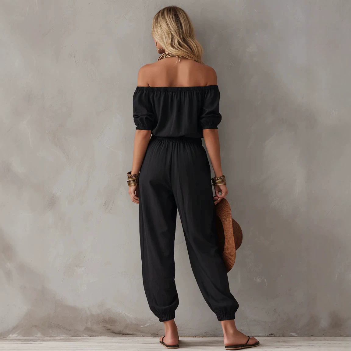 Women's Off-Shoulder Short-Sleeve Wide-Leg Jumpsuit