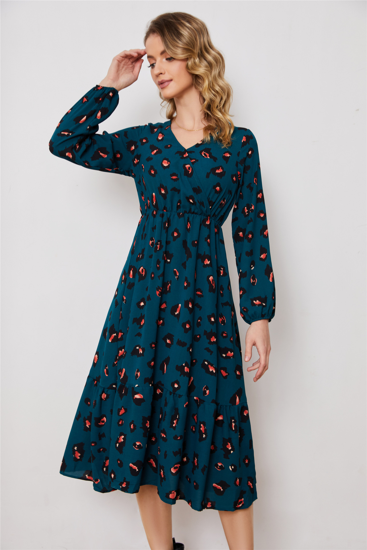 Women's V-Neck Floral Print Midi Dress Long Sleeve Chiffon