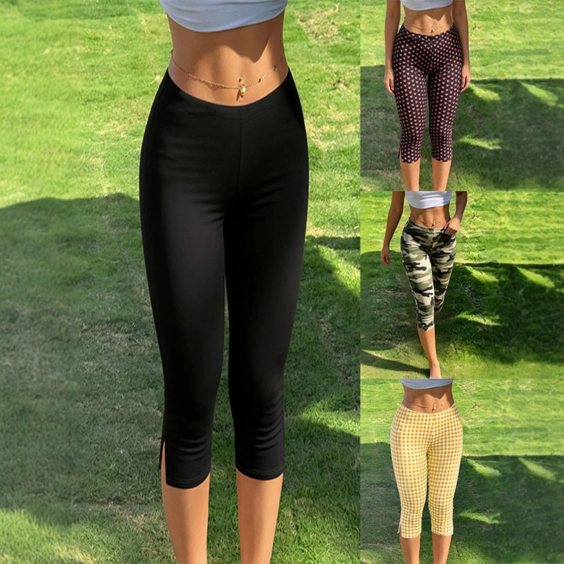 Women's Y2K Slim Fit Capri Pants with Side Slit for Workout and Casual Wear