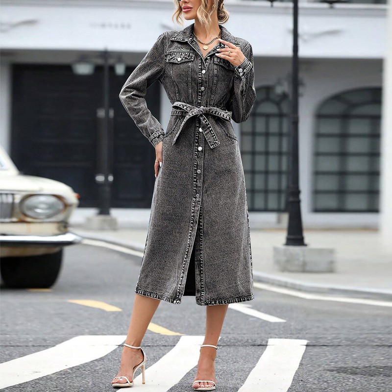 Women's Long Sleeve Tie-Waist Denim Shirt Dress