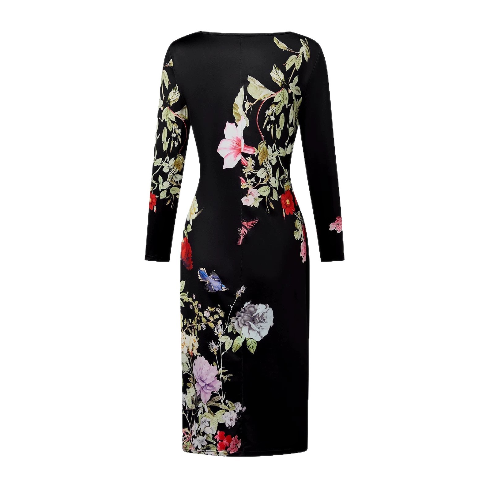 Elegant Floral Print Round Neck Midi Dress Slimming Long Sleeve Women's
