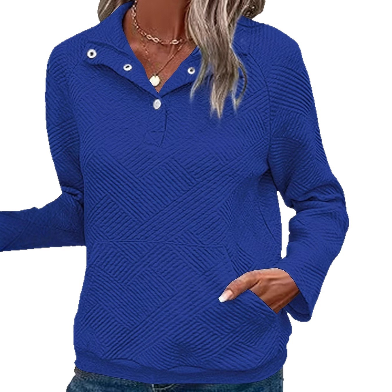 Solid Textured Buttoned Collared Long-Sleeve Sweatshirt Loose Fit