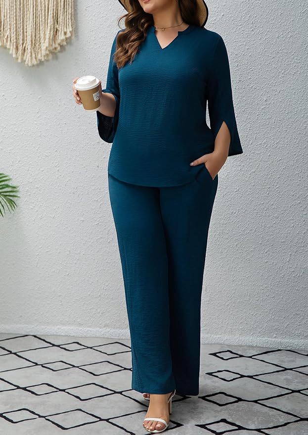 Women's Solid Color Two-Piece Set with Three-Quarter Sleeve Top and Wide-Leg Pants