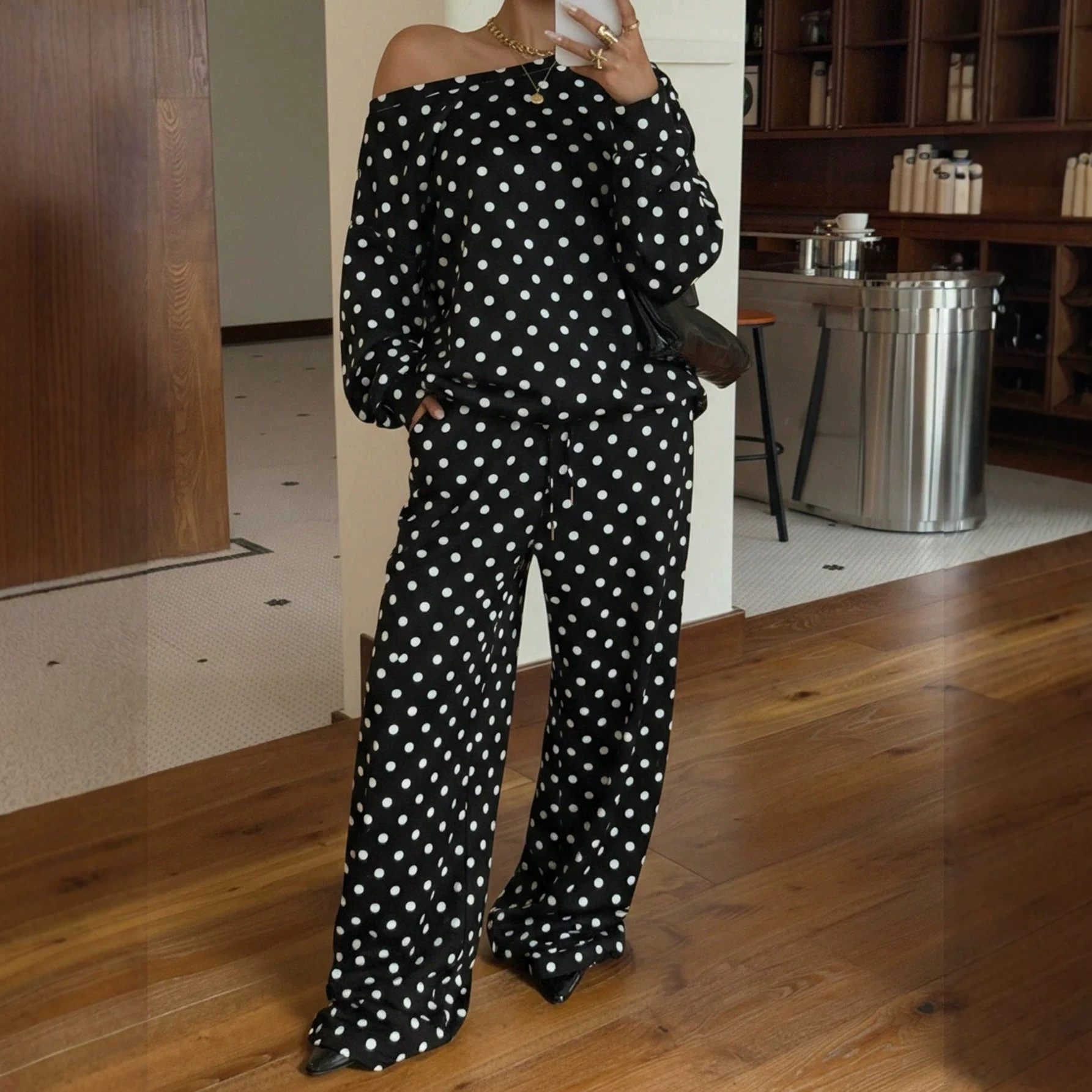 Women's Polka Dot Print One-Shoulder Long Sleeve Drawstring Pants Casual Set